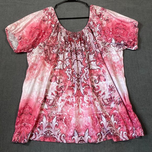 G Collection Pink & White Floral Short Sleeve Blouse Loose Fit Womens Size XXL - Picture 8 of 10